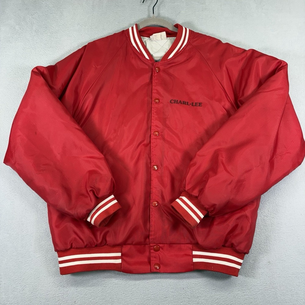 Vintage 80s Hartwell USA Made Red Satin Bomber Varsity Jacket CHARL-LEE Quilted